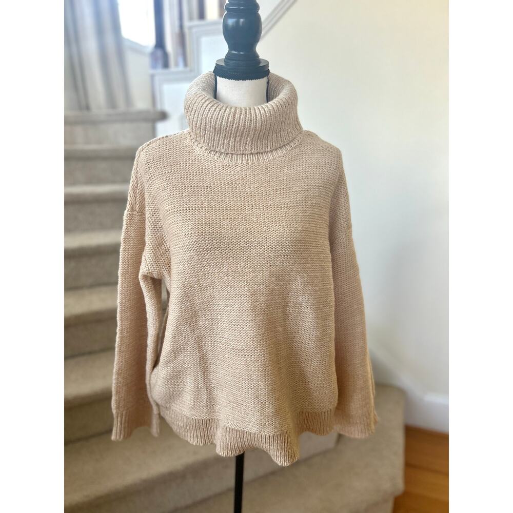 Haven Well Within Talbots Tan Chunky Knit Poly Wool Blend Turtleneck Sweater
